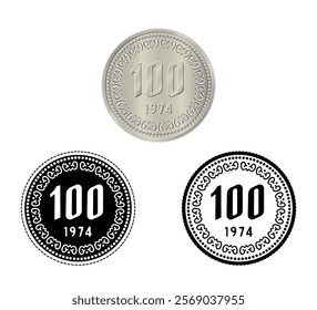 South Korea, 100 won, 1974. Reverse of South Korea one hundred won coin. The coin is depicted in black and white. Vector illustration.