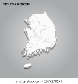 South Korea 3d map with borders of regions. Vector illustration