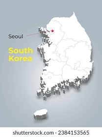 South Korea 3d map with borders of regions and it’s capital