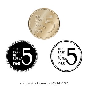 South Korea, 5 won, 1968. Reverse of South Korea five won coin. The coin is depicted in black and white. Vector illustration.