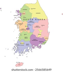 South Korea administrative map with capitals. Colored. Vectored