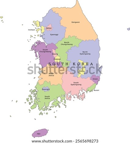 South Korea administrative map. Colored. Vectored