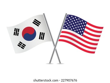 South Korea and America crossed flags. South Korean and American flags on white background. Vector illustration.