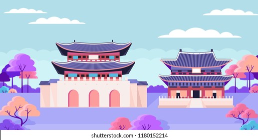 South Korea architecture old  buildings flat illustration