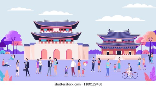 South Korea architecture  temples park end people flat vector