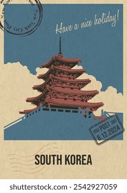 Südkorea Attraction Postkarte, Pagode Illustration, Vektor Vorlage Retro Stil Grußkarte mit Handschrift Wunsch. Postaufdruck, gereifte Papierstruktur