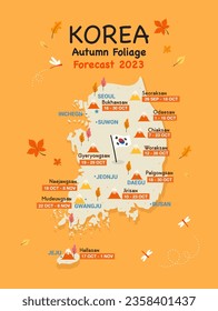 South Korea Autumn foliage forecast 2023 vector illustration.	Fall season, Korea map flat design