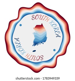 South Korea badge. Map of the country with beautiful geometric waves and a vibrant red and blue frame. Vivid round South Korea logo. Vector illustration.