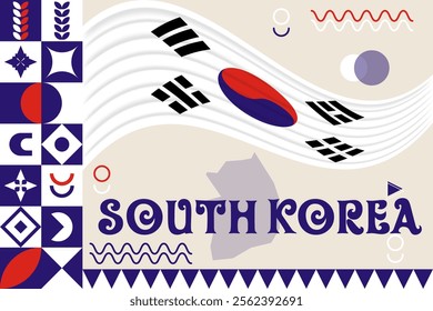 south korea banner with cultural design. Independence day design for south korea celebration. Modern neo geometric retro design with flag, map and abstract icons. White and red. Vector Illustration