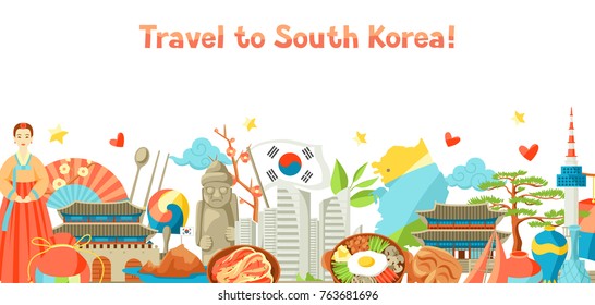 South Korea Banner Design. Korean Traditional Symbols And Objects.