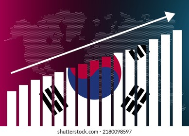 South Korea bar chart graph, increasing values, country statistics concept, South Korea country flag on bar graph, upward rising arrow on data, news banner idea