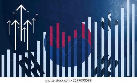 South Korea bar chart graph with ups and downs, increasing values, South Korea country flag on bar graph, upward rising arrow on data, news banner idea, developing country concept