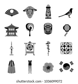 South Korea black and white icons set, vector illustration. Collection of Korean traditional elements: clothes, food, nature, buildings etc.