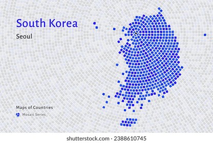 South Korea Blue Map with a capital of Seoul Shown in a Mosaic Pattern