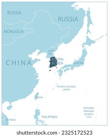 Corea del Sur - mapa azul con nombres y países vecinos. Ilustración del vector