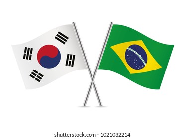 South Korea and Brazil crossed flags. South Korean and Brazilian flags, isolated on white background. Vector illustration.