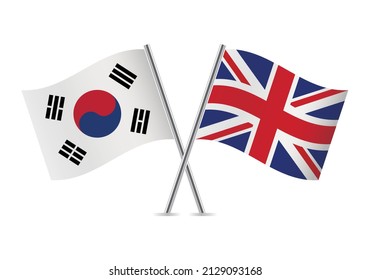 South Korea and Britain crossed flags. South Korean and British flags isolated on white background. Vector icon set. Vector illustration.