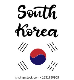 South Korea. Brushstrokes in colours of flag. Vector illustration of hand drawn lettering for logotype, icon, poster, Independence Day greeting card, print, website banner, badge.