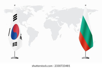 South Korea and Bulgaria flags for official meeting against background of world map.