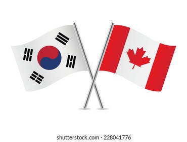 South Korea and Canada crossed flags. South Korean and Canadian flags, isolated on white background. Vector icon set. Vector illustration.