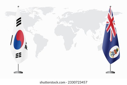 South Korea and Cayman Islands flags for official meeting against background of world map.