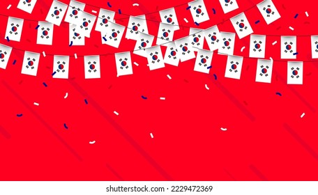 South Korea celebration bunting flags with confetti and ribbons on red background. vector illustration.