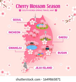 South Korea Cherry blossom season travel map vector illustration. Sakura festival travel attraction.