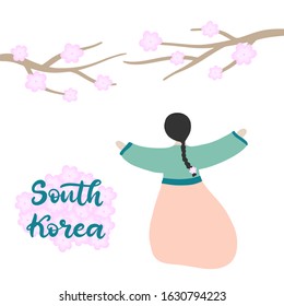 South Korea. Chuseok celebration. Lettering Vector illustration. Girl in traditional Korean clothes hanbok. Asian culture. Sakura cherry blossom in spring.