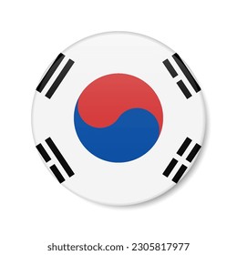 Icono del botón de círculo de Corea del Sur. Bandera de insignia redonda surcoreana con sombra. Ilustración vectorial 3D realista aislada en blanco.