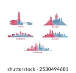 South Korea cities skyline vector logo, icon set. Flat watercolor Seoul, Busan, Daejeon, Daegu, Incheon silhouette. Isolated graphic collection