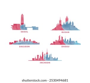 Coreia do Sul cidades skyline vetor logotipo, conjunto de ícones. Seul, Busan, Daejeon, Daegu, Incheon silhueta. Coleção gráfica isolada