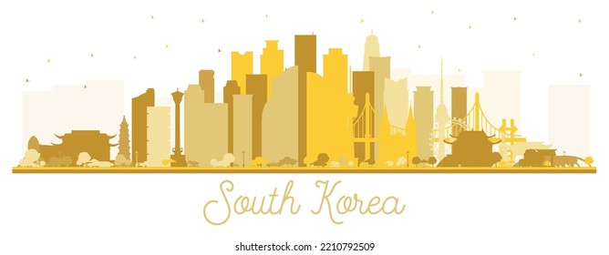 South Korea City Skyline Silhouette with Golden Buildings Isolated on White. Vector Illustration. Concept with Historic Architecture. South Korea Cityscape with Landmarks. Seoul. Busan. Daegu.