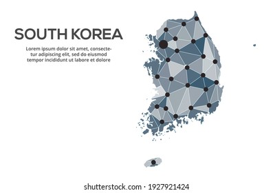 Südkorea Netzwerkkarte. Vektorbild einer Low-Poly-Weltkarte mit Stadtlampen. Karte in Form von Dreiecken und Punkten