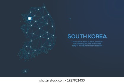 Mapa de la red de comunicaciones de Corea del Sur. Imagen de un mapa global con luces en forma de ciudades. Mapa en forma de constelación, silencio y estrellas