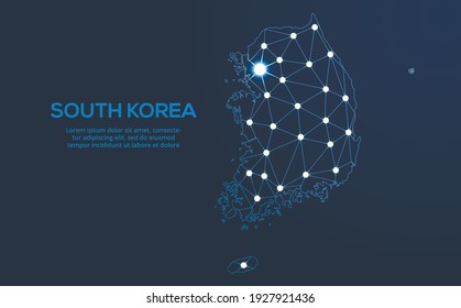 South korea communication network map. Vector low poly image of a global map with lights in the form of cities. Map in the form of a constellation, mute and stars
