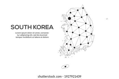 Mapa de la red de comunicaciones de Corea del Sur. Imagen vectorial de un mapa global de baja polilla con luces de la ciudad. Mapa en forma de líneas y puntos