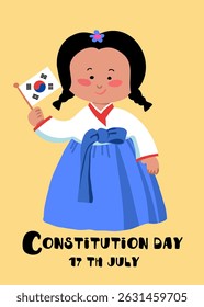 Vektorgrafik des Südkoreanischen Verfassungstages. Nettes Mädchen in nationalem Kleid. Vorlage für Hintergrund, Banner, Karte. 17. Juli Wichtiger Tag