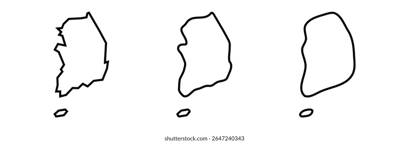 A Coreia do Sul traça silhuetas em três diferentes níveis de suavidade. Mapas simplificados. Ícones de vetor isolados no plano de fundo branco.