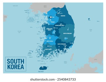 Mapa político da Coreia do Sul. Ásia. Ilustração vetorial detalhada com províncias isoladas, departamentos, regiões, cidades e estados fáceis de desagrupar.