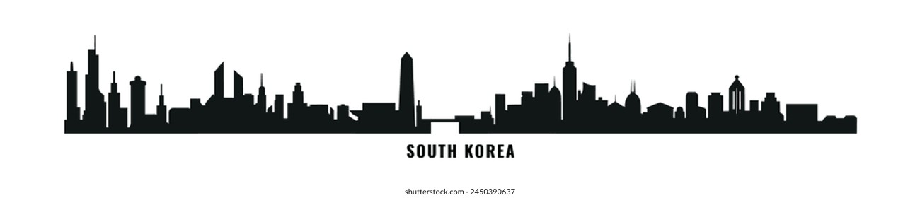 Horizonte de Corea del Sur con panorama de ciudades. Anuncio plano de Vector, logotipo. Seúl, Busan, Daegu, Daejeon, Incheon silueta para pie de página, vapor, cabecera. Gráfico aislado