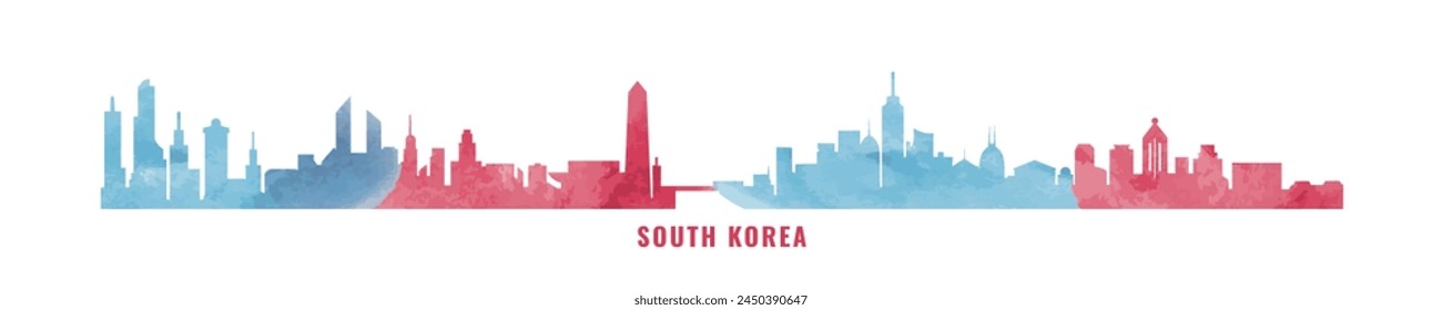 Horizonte de Corea del Sur con vistas a las ciudades, estilo acuarela. Anuncio plano de Vector, logotipo. Seúl, Busan, Daegu, Daejeon, Incheon silueta para pie de página, vapor, cabecera. Gráfico aislado