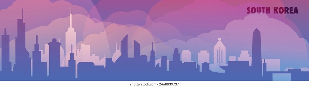 South Korea country skyline with cities panorama, gradient thin banner. Purple color Seoul, Busan, Incheon, Daegu, Daejeon cityscapes for footer, header, infographic, horizontal graphic