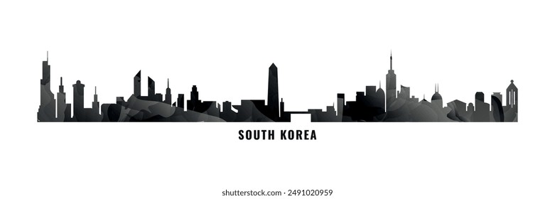 Horizonte de Corea del Sur, panorama de ciudades. Anuncio de Vector o logo largo con textura abstracta. Seúl, Busan, Daegu, Daejeon, Incheon silueta, gráfico aislado