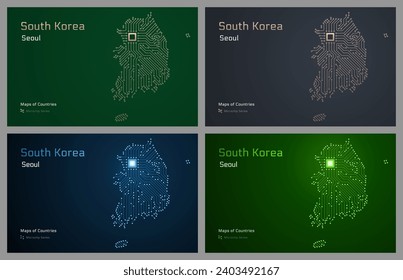 South Korea creative maps set with a capital of Seoul Shown in a Microchip Pattern with processor. E-goverment