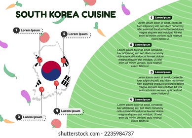 South Korea cuisine infographic, popular or cultural food concept, traditional South Korea kitchen, vector layout and template, famous food locations, banner idea with flag and map