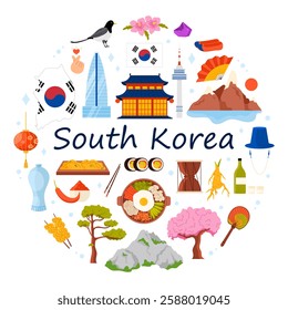 South Korea culture elements and food, nature and architecture, travel landmarks in round infographic poster with title. Building palace and tower of Seoul, Liancourt Rocks cartoon vector illustration