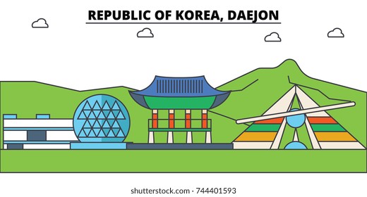 South Korea, Daejon outline city skyline, linear illustration, banner, travel landmark, buildings silhouette,vector
