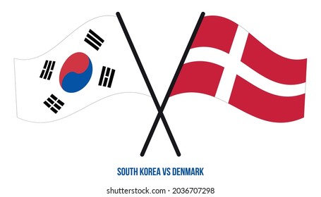 South Korea and Denmark Flags Crossed And Waving Flat Style. Official Proportion. Correct Colors