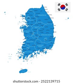 Coreia do Sul - detalhado mapa azul do país com cidades e regiões. Ilustração vetorial.