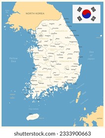 Corea del Sur - mapa detallado con divisiones administrativas y bandera del país. Ilustración del vector